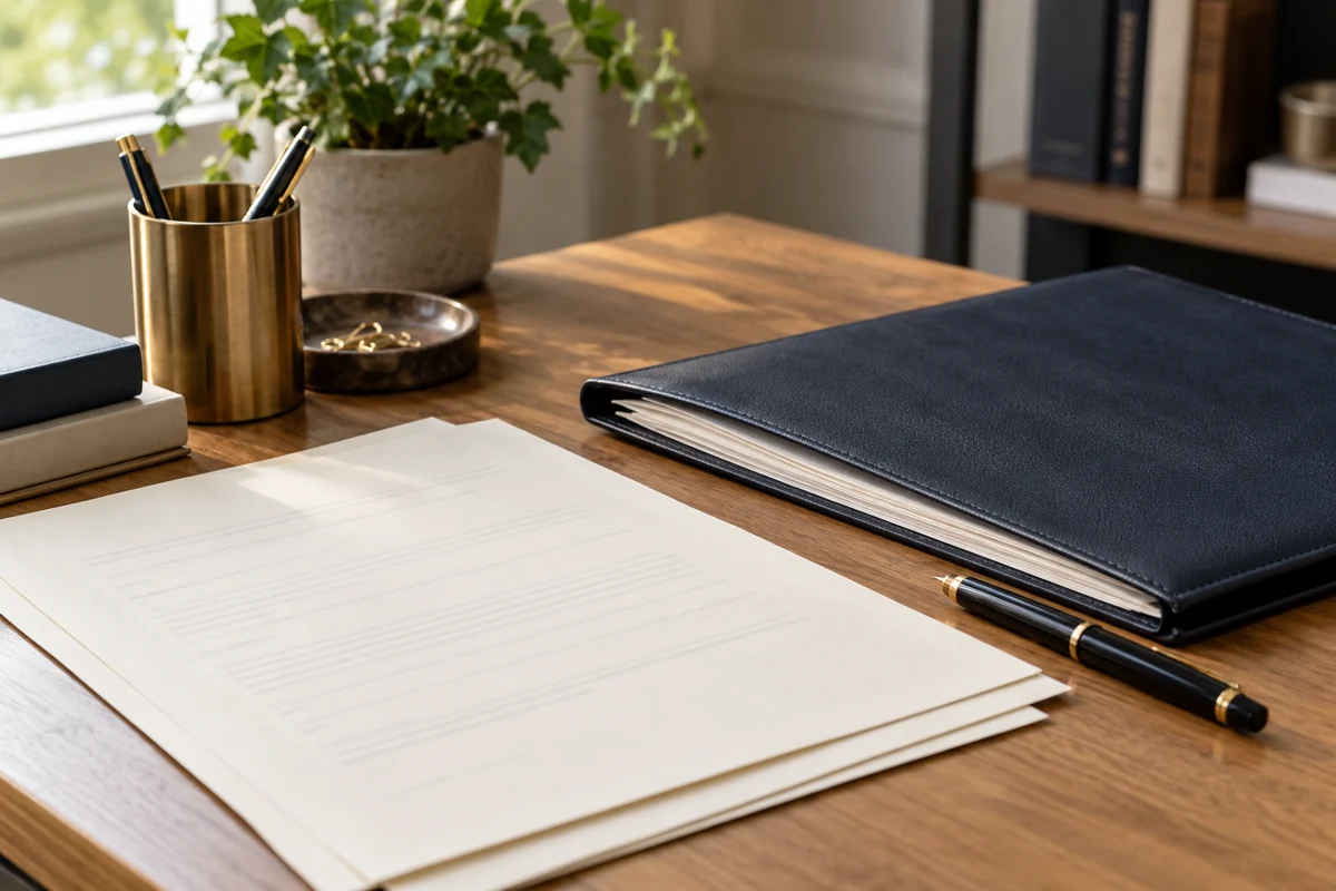 Documents, a pen and a navy folder arranged on a desk